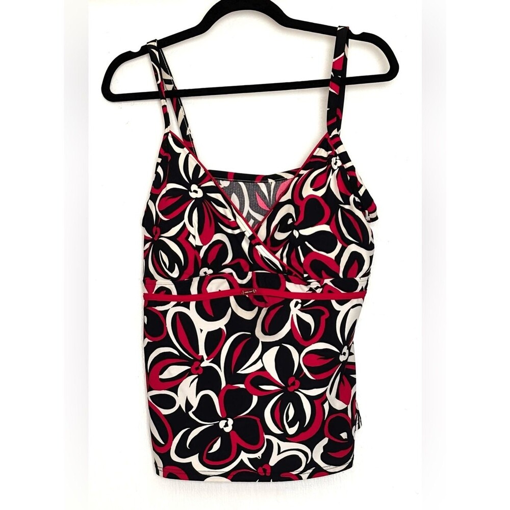 Caribbean Joe Floral Print Surplice Tankini Top Red Black White Size 20W